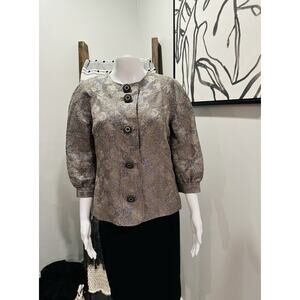 Tory Burch Woman’s Blazer Dress Jacket Metallic Silver Floral Cropped Silk Sz 6